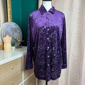 Moda International VTG 90s Velvet Rose Button Up Collar Blouse Whimsigoth Sz Sm